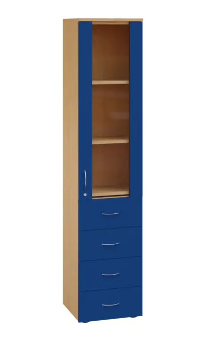 LE - 44 skříň léková prosklená, pravá, korpus javor horský, dvířka královská modř